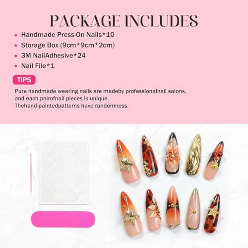 EclatNail Handmade Stiletto Press-on Nails, Pink French Tip with 3D Flowers