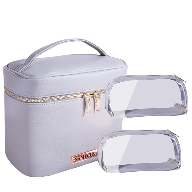 SANHECUN 3-Piece Grey Travel Cosmetic Makeup Bag Set with Organizer and Handles