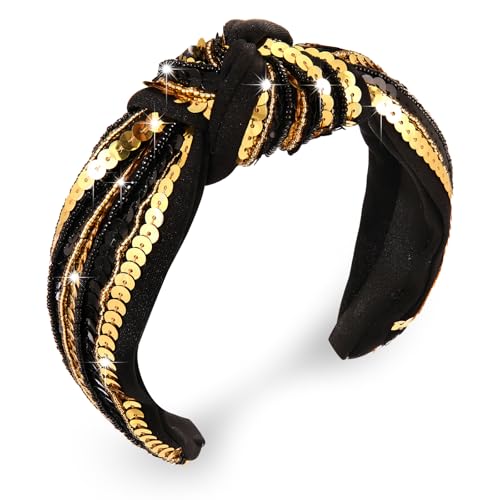 Game Day Knotted Headband Black Gold Sequin Seedbead Wide Top Knot Sports Fan Accessory