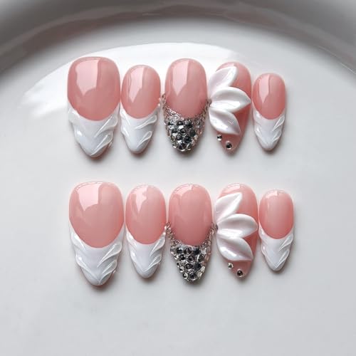 Medium Almond French Tip Press On Nails with Flower Rhinestones - Style9