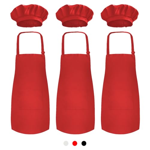 Kid's Chef Apron and Hat Set - 3-Piece Red Cooking Outfit (Ages 6-12)