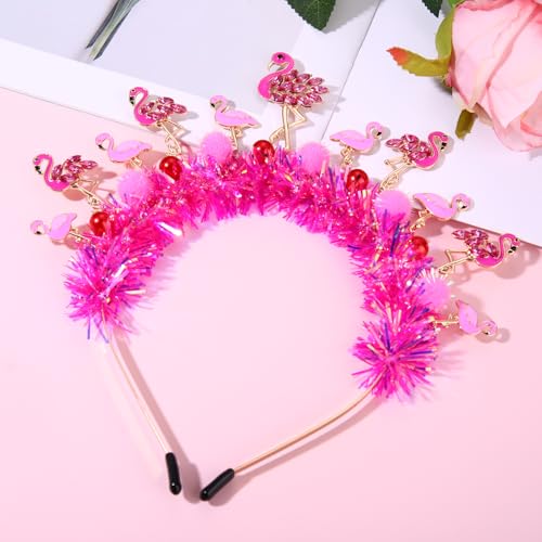 Flamingo Headband with Rhinestones, Tinsel & Pom-Poms for Parties