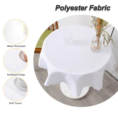 36" White Water-Resistant Polyester Round Tablecloth with Scalloped Edges