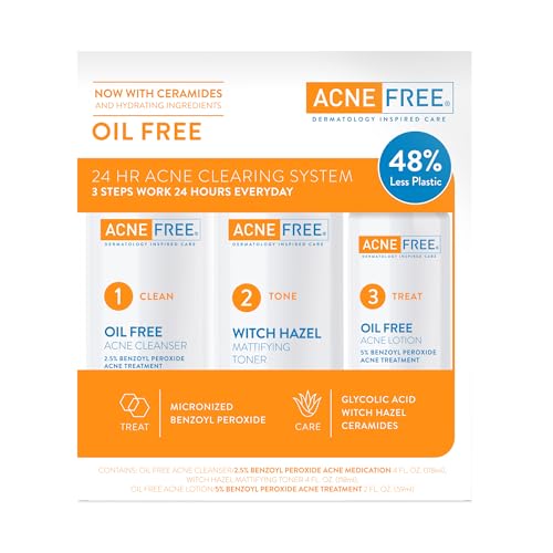 AcneFree 3 Step Acne Treatment Kit for Teens & Adults - 24 Hour System with Oil Free Cleanser, Toner & Lotion
