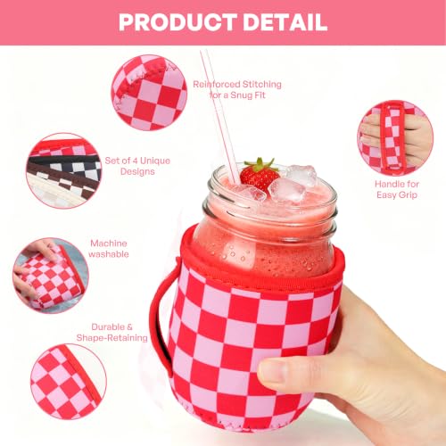Mason Jar Sleeves - 4 Pack Neoprene Drink Holders with Handle