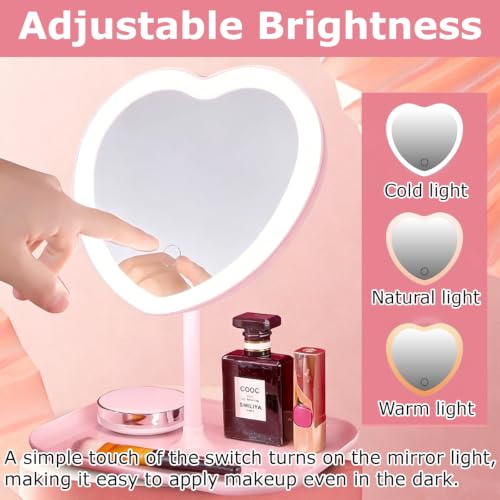 Heart-Shaped LED Makeup Mirror with 3 Light Colors for Girls