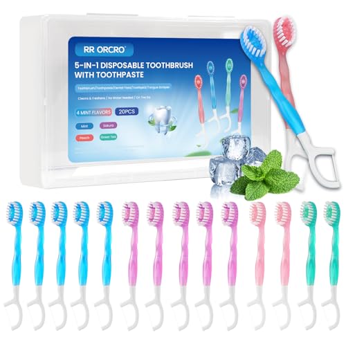 RR ORCRO 20-Pack Mini Disposable Travel Toothbrushes with Toothpaste Floss & Tongue Scraper