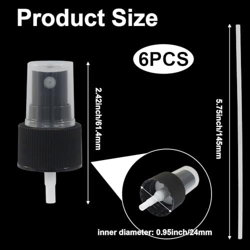 6-Pack Black Spray Bottle Tops, 24mm Plastic Mist Nozzles