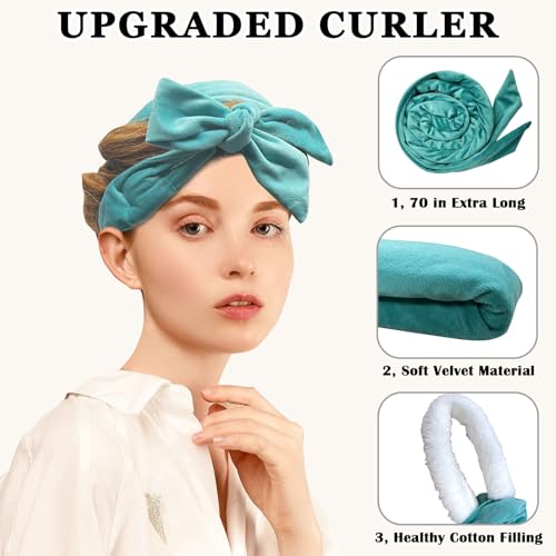 Gwabee No Heat Overnight Curl Headband, 70" Soft Ribbon Wrap for Long Hair, 9 PCS Hair Curling Rods Set - Blue Green