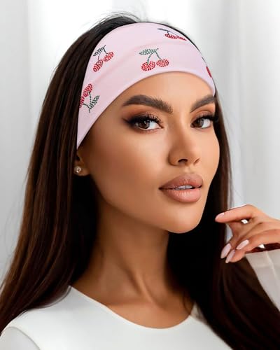 Mesovor 3-Pack Stretchy Cherry Rhinestone Headbands for Women & Girls