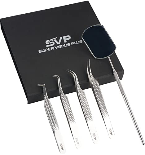 SUPER VENUS 5-Piece Lash Tweezer Set with Mirror & Diamond Grip