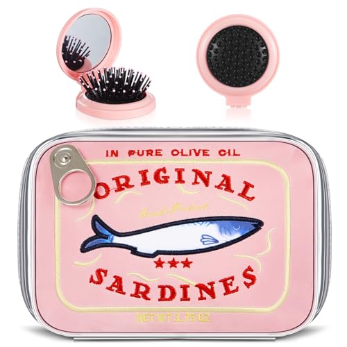 Reginary Pink Sardine Makeup Bag with Folding Mirror & Brush Set