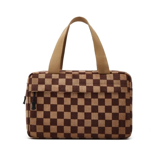 Dark Brown Checkered Makeup Bag for Women - Corduroy Cosmetic Organizer