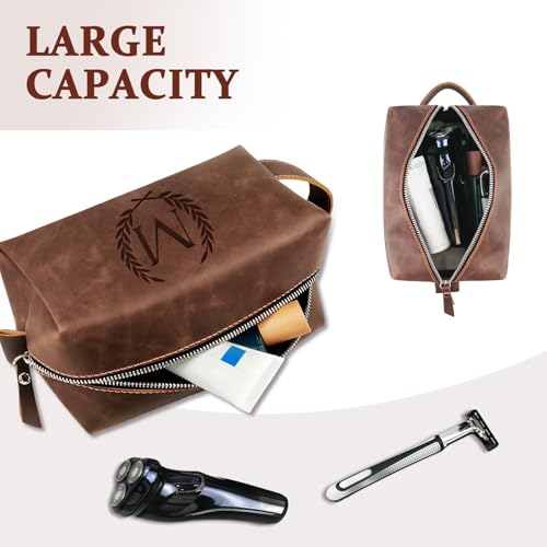 Aganmi Reddish Brown PU Leather Travel Toiletry Bag with Initials - Men's Shaving & Grooming Organizer