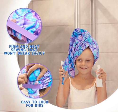 Kids Microfiber Hair Towel Wrap - Rainbow & Purple Mermaid Design, 2 Pack