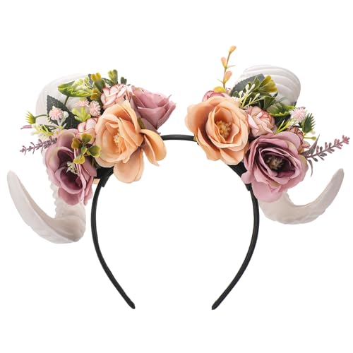 MOSTORY Flower Sheep Horns Headband for Renaissance Halloween Cosplay