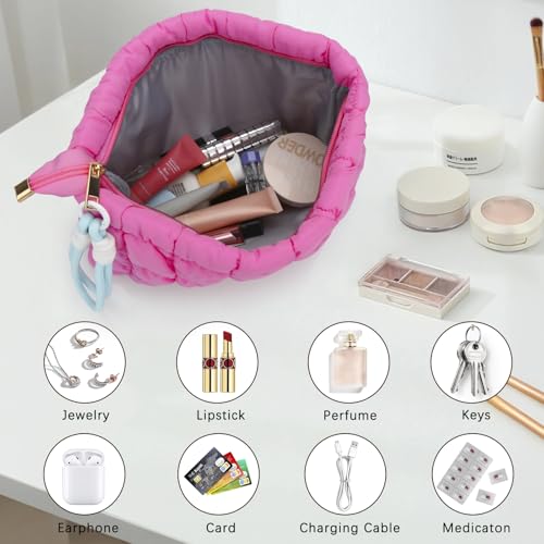 DOB SECHS Large Puffer Makeup Bag, Quilted Checkered Toiletry Travel Pouch