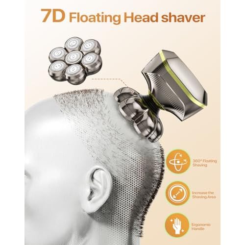 7D Head Shavers for Bald Men, Smooth Electric Razor for Head & Face, IPX7 Waterproof Wet/Dry Head Shaver, 5-in-1 Grooming Kit for Home & Travel, 120 Min, Gifts for Father's Day-Gunmetal Gold