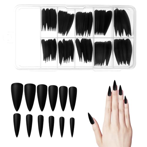 Black Stiletto Press-On Nails Set - 100 PCS, 10 Sizes Matte