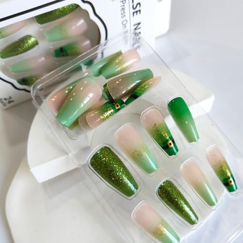 GCSQW St. Patrick's Day Glitter Nails - 11 Glitter Design Fake Coffin Nails, Green Gradient with Hat, Press-On 24pcs