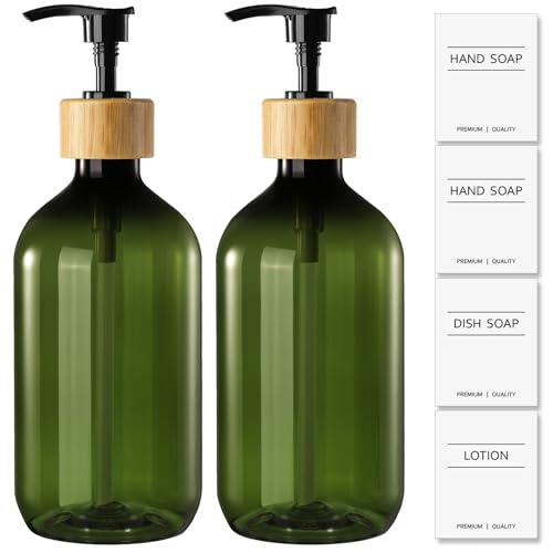 Kasunting Green Soap Dispenser Set with Bamboo Pump, 2 Pack - 17 Fl Oz