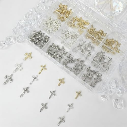 KINGNAME 120 PCS 3D Cross Nail Charms Kit Gold Silver Rhinestone