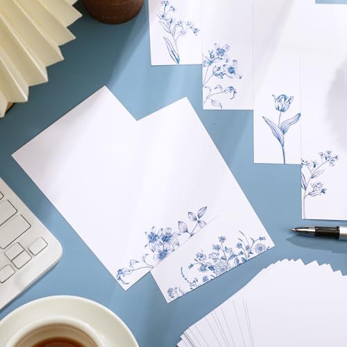 Spiareal 100 Pcs Floral Blank Note Cards - 4x6 Blue Stationery Set