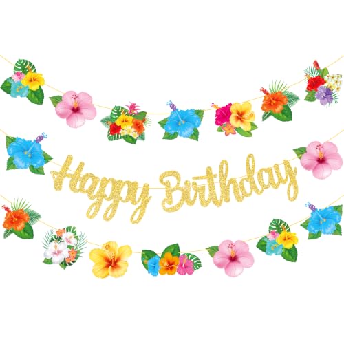 3-Piece Tropical Hibiscus Birthday Banner Set with Glitter