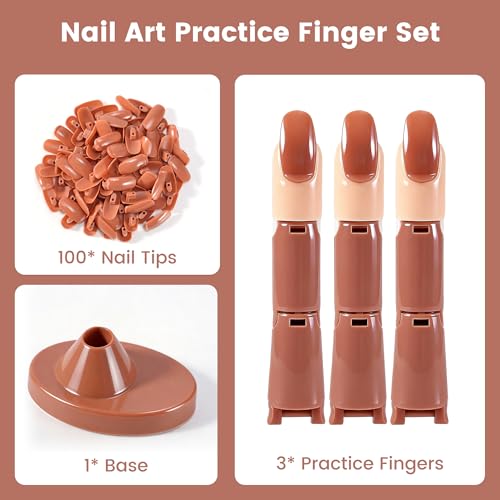 Difenni Brown Practice Finger Set for Acrylic Nails with Base Stand & 100 Nail Tips - Manicure Training Tool for Home & Salon