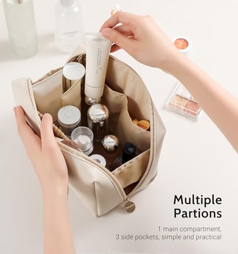 Aveniee Large Travel Makeup Bag Beige Vegan Leather Organizer with Divider