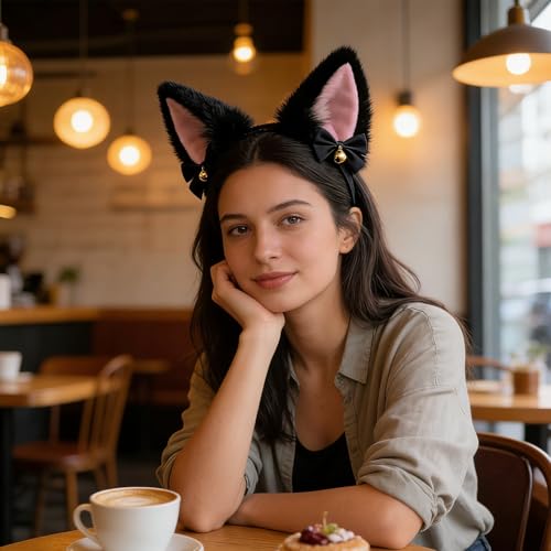 Black & Brown Plush Cat Ears Headband for Cosplay & Parties