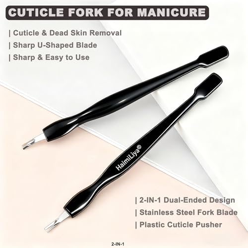 HaimiLiya 6Pcs Black 2-in-1 Cuticle Fork & Pusher Nail Care Tools, Gentle Plastic