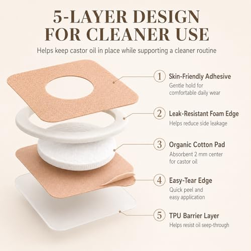 Autdor 50Pcs Castor Oil Patches, Disposable Castor Oil Pack Wrap with Organic Cotton Pad Self-Adhesive Belly Button Patch Cover Anti-Leakage No Wash Breathable Portable Pads for Stomach & Daily Use