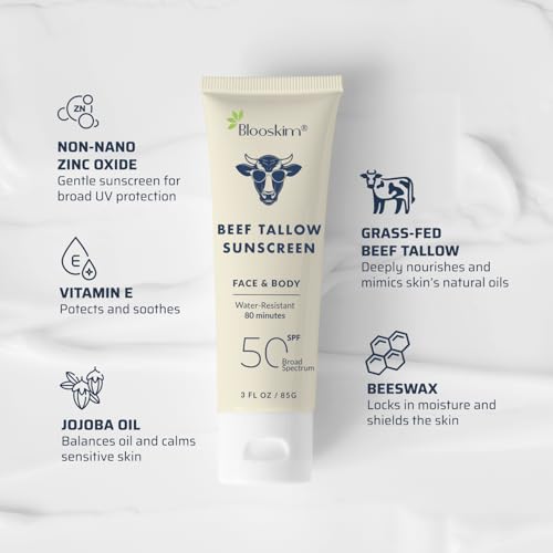 Blooskim Beef Tallow Sunscreen SPF 50, Natural Mineral Sunblock - 3 oz