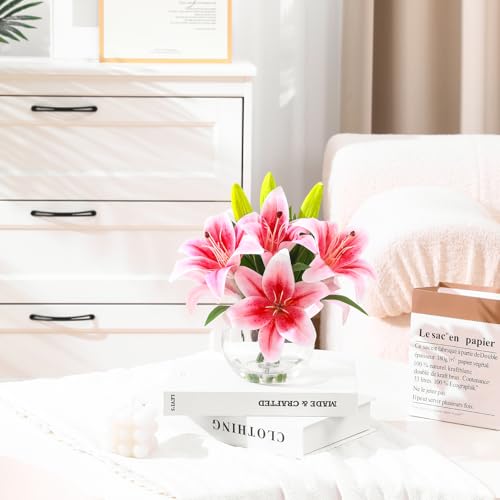 Artificial Tiger Lily Arrangement in Glass Vase - Realistic Silk Flowers with Faux Water