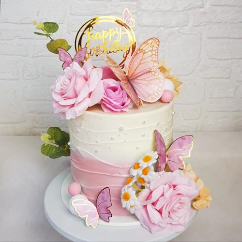 Pink Flower and Butterfly Cake Toppers for Birthday Decor