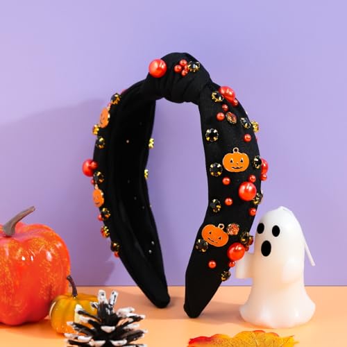 Black Pumpkin Headband for Halloween | Gothic Pearl & Rhinestone
