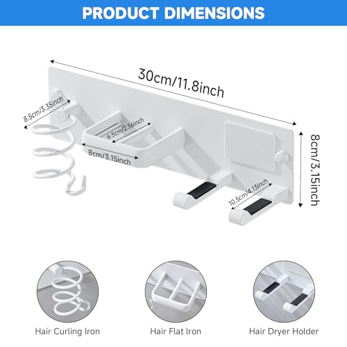Matte White 3-in-1 Hair Dryer Holder - Wall Mounted Organizer for Bathroom
