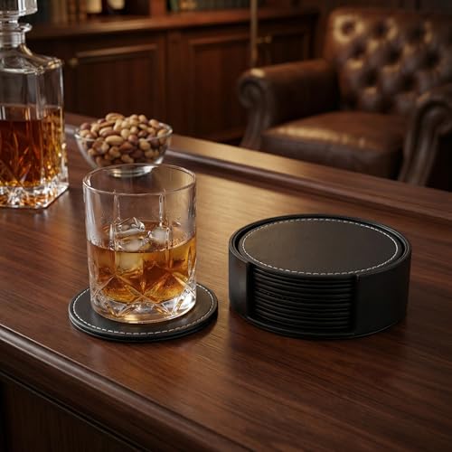 Set of 6 Modern Black PU Leather Coasters - Non-Slip & Waterproof
