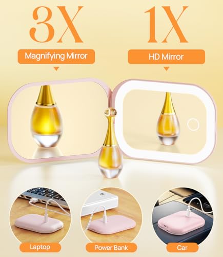 Gospire Light Pink Travel Makeup Mirror with 3X Magnification & LED Light