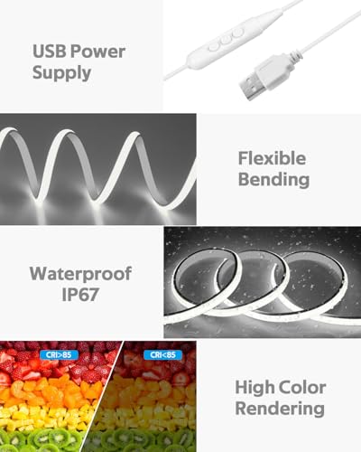 Samsion 6.6FT COB LED Rope Light - USB Powered, Waterproof, Dimmable
