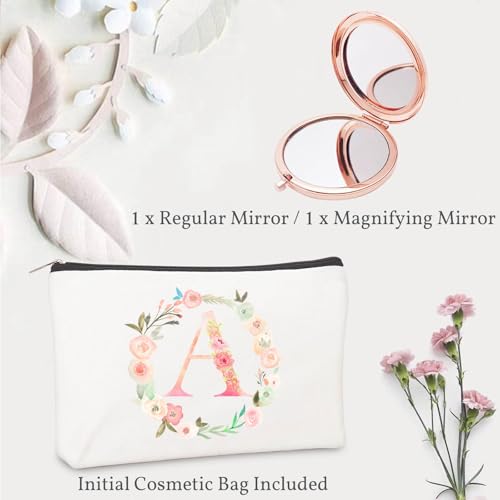 Rose Gold Personalized Initial Compact Mirror & Makeup Bag Set - Custom Gift for Women