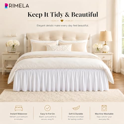 RIMELA White Bed Skirt Full Size 12-Inch Drop, Elastic Wrap-Around