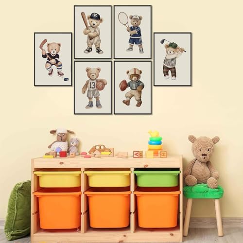 Teddy Bear Sports Wall Art Set - 6 Vintage Prints for Kids' Rooms