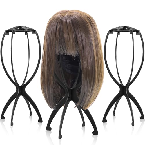 obeoby Foldable Black Wig Stand 3 Pack Portable Hair Wigs Holder for Travel & Home