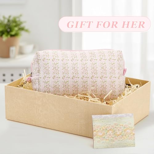 Paterr Quilted Makeup Bag, Pink Floral Cotton Cosmetic Pouch for Travel