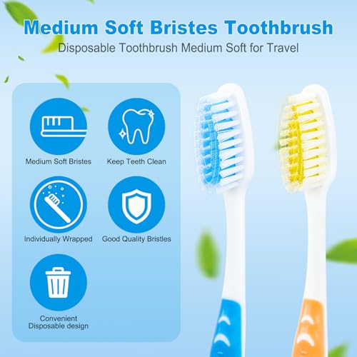 100 PCS Disposable Toothbrushes, Individually Wrapped Medium Soft Bristles