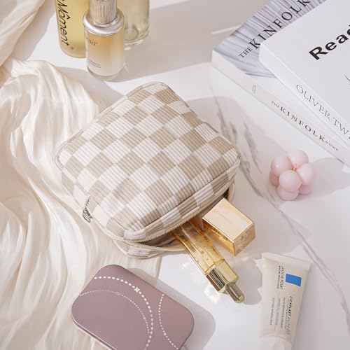 Cute Small Corduroy Zipper Makeup Bag - 09Beige Checker