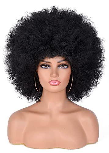 ANNISOUL Black Short Curly Afro Wig with Bangs for Women - 70s Style