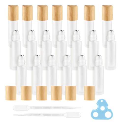 20 Pcs 10ml White Frosted Glass Roller Bottles with Bamboo Lid